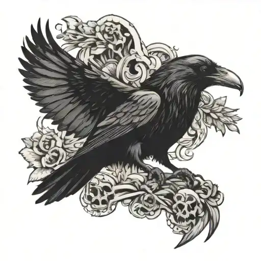 raven with wings spread standing on top of a skull   tattoo design idea