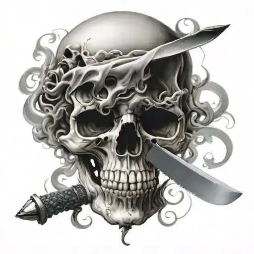 human skull with smoke  in the backround with a cool knife going through the vertical centre of skull  tattoo design idea