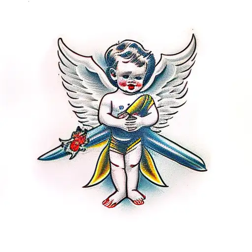 guardian angel holding a demon baby tattoo design idea