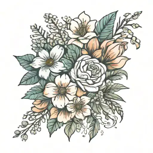 may, june, july, february, birth flower bouquet tattoo design idea