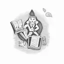 A dotwork tattoo of a farmer holding a cat and reading a book, with gaming console buttons integrated into the background tattoo design idea