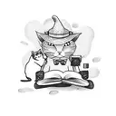 A dotwork tattoo of a farmer holding a cat and reading a book, with gaming console buttons integrated into the background tattoo design idea