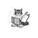 A dotwork tattoo of a farmer holding a cat and reading a book, with gaming console buttons integrated into the background tattoo design idea