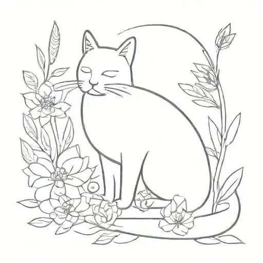 A minimalist tattoo of a cat surrounded by flowers, inspired by nature tattoo design idea