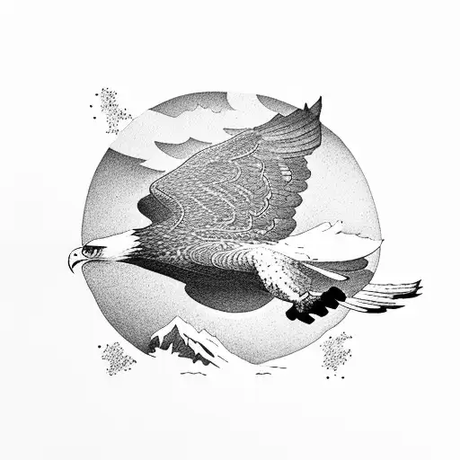 An eagle soaring high above a mountain range, its wings spread wide tattoo design idea