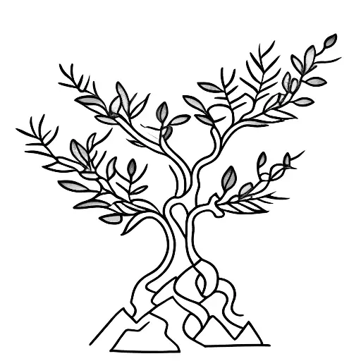 A minimalist tattoo of an olive tree with Arabic script intertwined in its branches saying from the river to the sea tattoo design idea