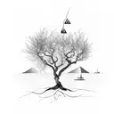 A minimalist tattoo of an olive tree with Arabic script intertwined in its branches saying from the river to the sea tattoo design idea