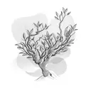 A minimalist tattoo of an olive tree with Arabic script intertwined in its branches saying from the river to the sea tattoo design idea