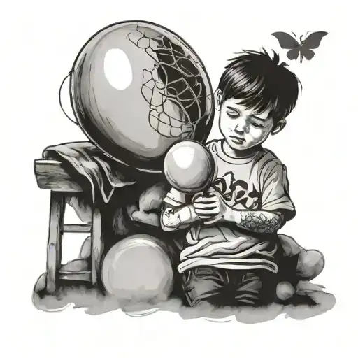 a sad boy holding a balloon shaded black protective memory tattoo design idea