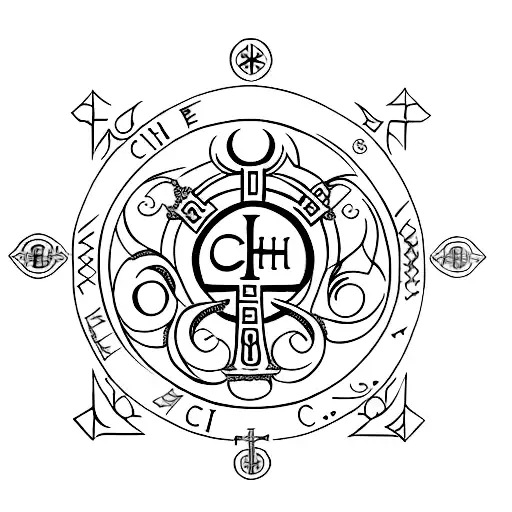 Chi Rho Cross, with Mary and Jesus Immaculate Hearts, with Alpha and Omega Symbols tattoo design idea
