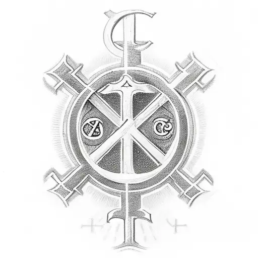 Chi Rho Cross, with Mary and Jesus Immaculate Hearts, with Alpha and Omega Symbols tattoo design idea
