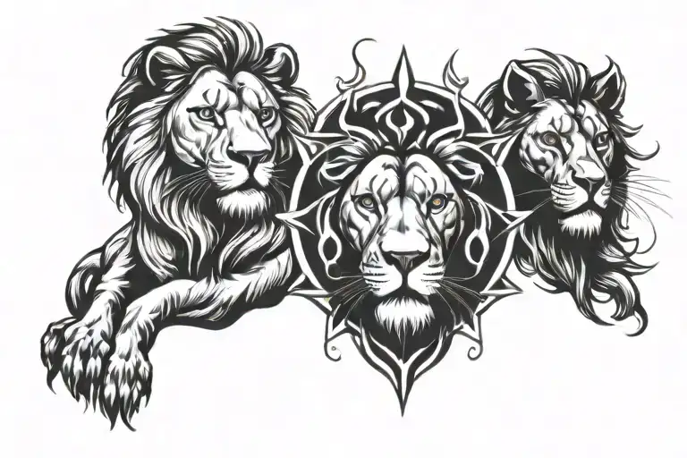 Zodiak signs of 2 lions an aquarius and pisces watching over them tattoo design idea