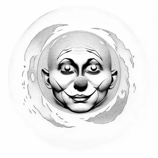 A melancholic moon with a sad clown face reflected in its surface tattoo design idea