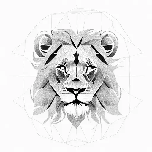 Lion face, left aide realistic, right side polygon style tattoo design idea