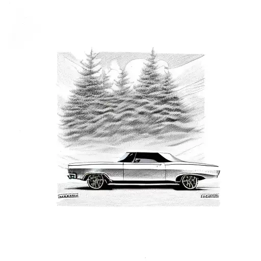 A vintage Chevrolet Chevelle 1967 cruising through a scenic countryside road tattoo design idea