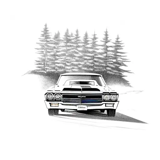 A vintage Chevrolet Chevelle 1967 cruising through a scenic countryside road tattoo design idea