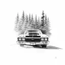 A vintage Chevrolet Chevelle 1967 cruising through a scenic countryside road tattoo design idea