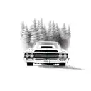 A vintage Chevrolet Chevelle 1967 cruising through a scenic countryside road tattoo design idea