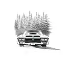 A vintage Chevrolet Chevelle 1967 cruising through a scenic countryside road tattoo design idea