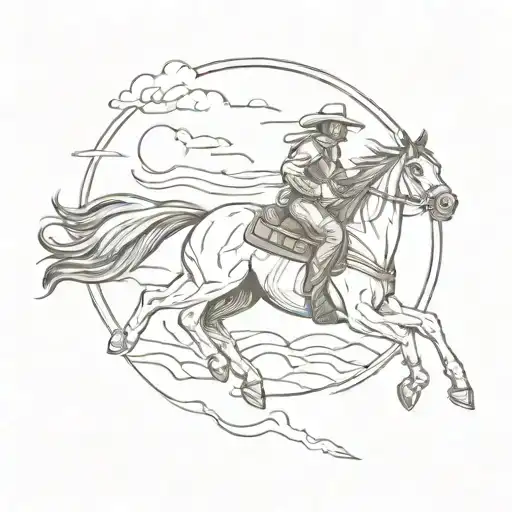 A cowboy riding a horse into a sunset with a cowboy hat flying off in the wind tattoo design idea