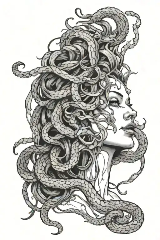 left side of medusas face breaking apart with her snakes wrapping around and one snake going up  tattoo design idea