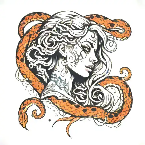 left side of medusas face breaking apart with her snakes wrapping around and one snake going up  tattoo design idea