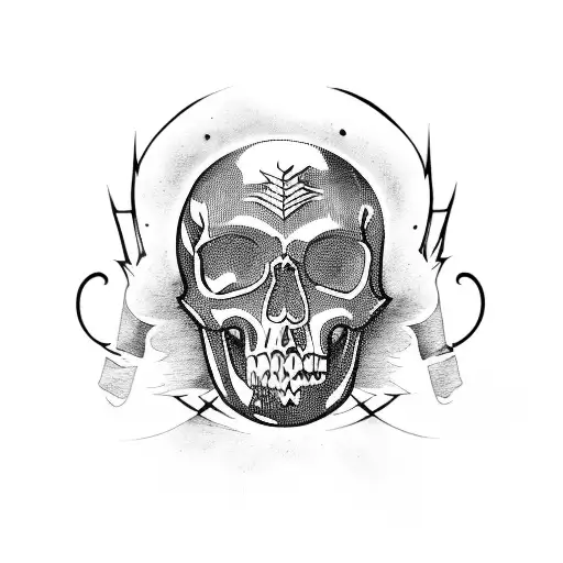 A skull with black metal inspired imagery, incorporating elements of chaos and weaponry tattoo design idea