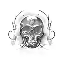 A skull with black metal inspired imagery, incorporating elements of chaos and weaponry tattoo design idea