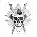 A skull with black metal inspired imagery, incorporating elements of chaos and weaponry tattoo design idea