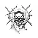 A skull with black metal inspired imagery, incorporating elements of chaos and weaponry tattoo design idea