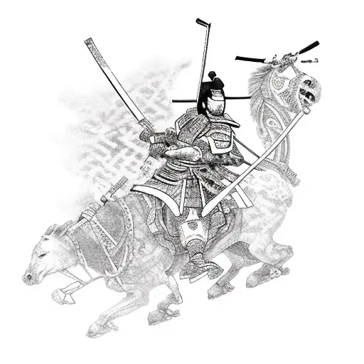 A shogun riding a guitar with samurai warriors as the strings tattoo design idea