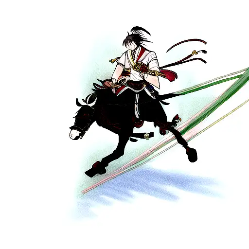 A shogun riding a guitar with samurai warriors as the strings tattoo design idea
