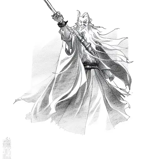 An anime-inspired silhouette of Gandalf casting a spell tattoo design idea