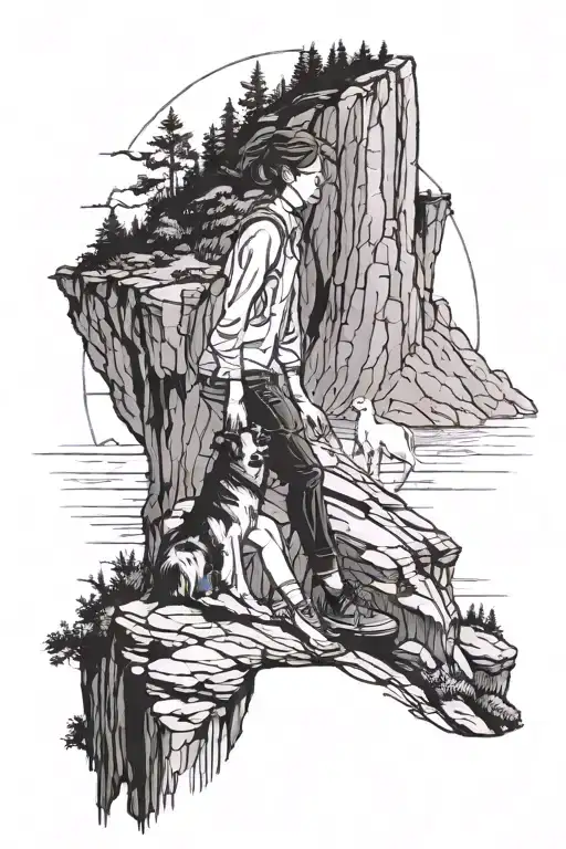a girl and her dog looking off a cliff at Saturn and a waterfall tattoo design idea