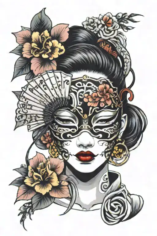 girl in a mask with flowers and a fan tattoo design idea