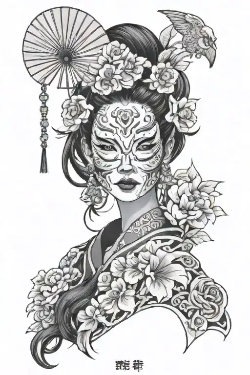 girl in hanya mask with flowers and fan tattoo design idea