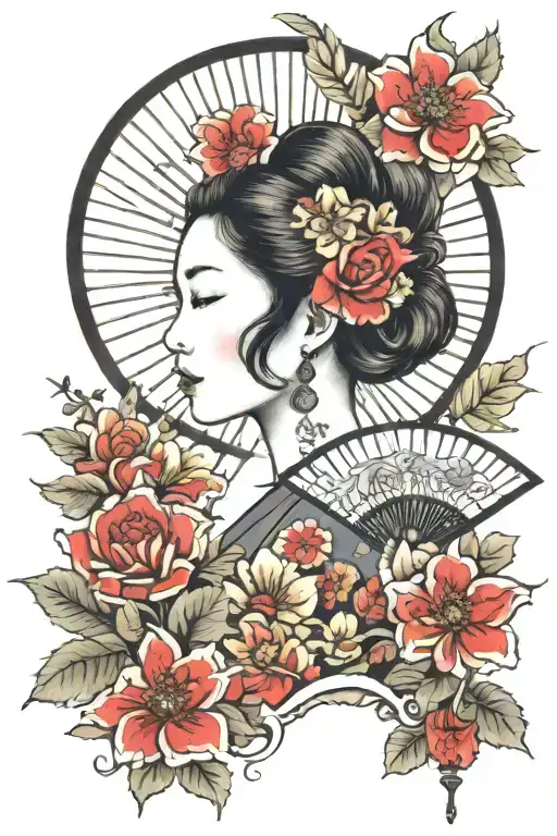 girl with flowers and fan tattoo design idea