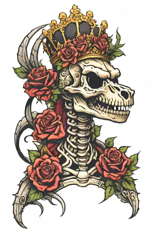 trex skeleton, robot, princess crown tattoo design idea