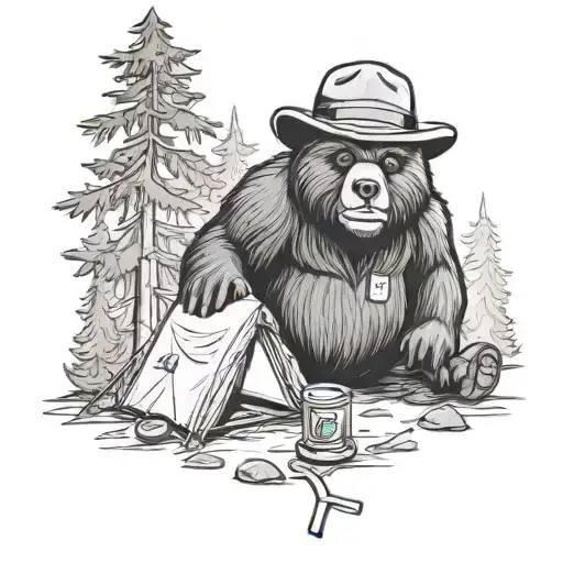 smokey the bear in a campsite  tattoo design idea