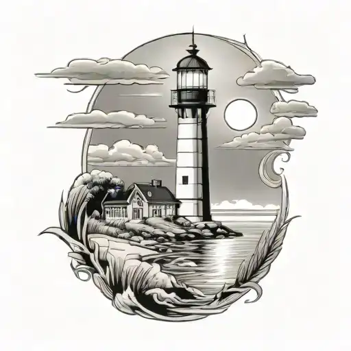cape cod lighthouse overlooking beach scene tattoo design idea
