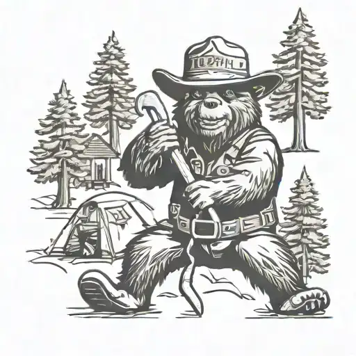 smokey the bear in a campsite sorounded with trees posing with shovel  tattoo design idea