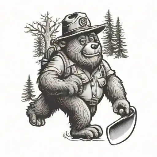 smokey the bear in a campground sorounded with trees posing with shovel  tattoo design idea