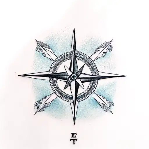 A nature-inspired tattoo featuring a compass surrounded by mountain peaks, trees, and a flowing river tattoo design idea
