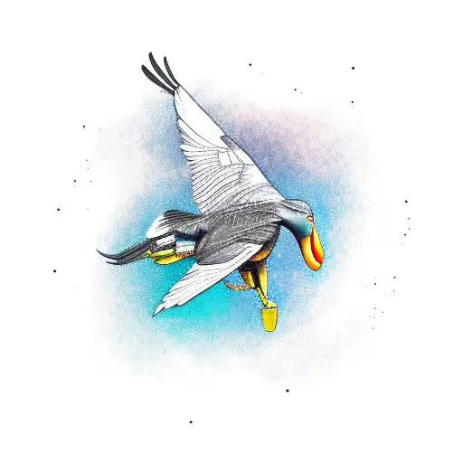 A shoebill bird flying with a drone camera attached to its beak tattoo design idea