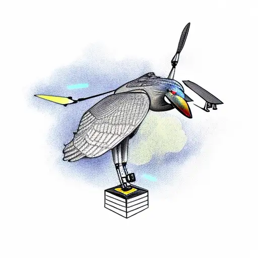 A shoebill bird flying with a drone camera attached to its beak tattoo design idea