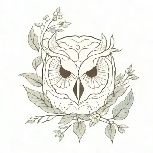 A minimalist design of an owl skull adorned with delicate plant leaves and flowers, representing the beauty and fragility of life tattoo design idea