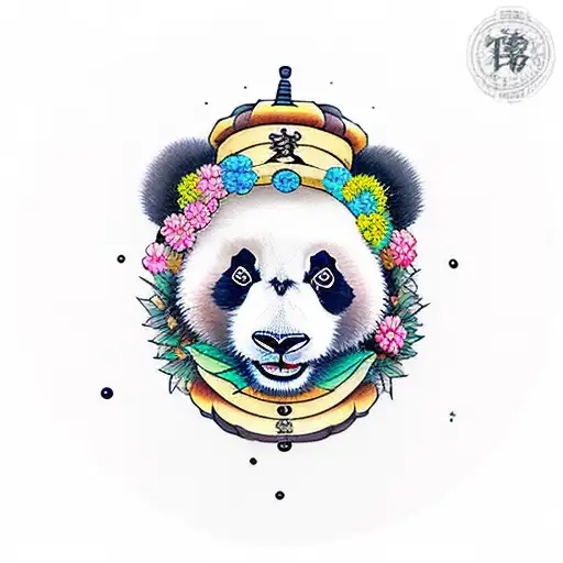 a panda with a japanese hat in a snowmountain tattoo design idea