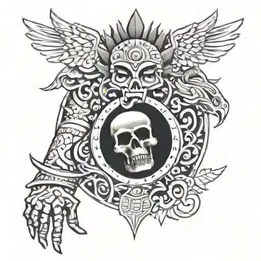 "Design a tattoo featuring an Aztec death god presenting a bloody heart to Quetzalcoatl during an eclipse."   tattoo design idea