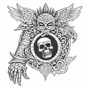 "Design a tattoo featuring an Aztec death god presenting a bloody heart to Quetzalcoatl during an eclipse."   tattoo design idea