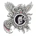 "Design a tattoo featuring an Aztec death god presenting a bloody heart to Quetzalcoatl during an eclipse."   tattoo design idea